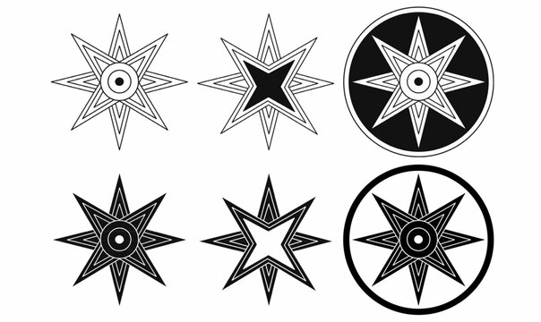 Set of Ishtar star symbols inspired 8 point star in various styles. Inspired by ancient Mesopotamian design, perfect for mystical, historical, or esoteric themes