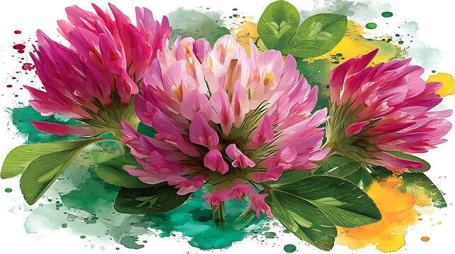 Watercolor painting of three pink clover blossoms against a colorful background