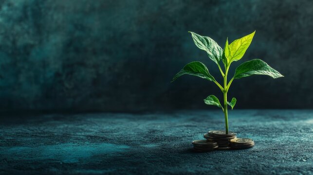 A small green plant sprouts from a stack of coins against a dark background, symbolizing growth and investment.