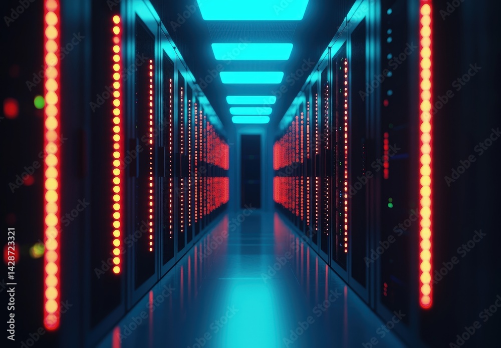 Poster futuristic server hallway illuminated with vibrant red and blue lighting, showcasing data center ene