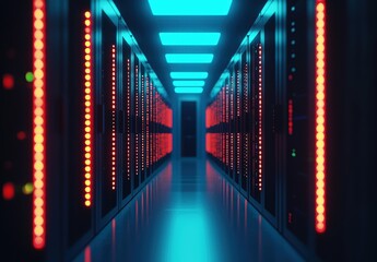 Fototapeta premium Futuristic server hallway illuminated with vibrant red and blue lighting, showcasing data center energy and security, perfect for tech branding or IT security visuals