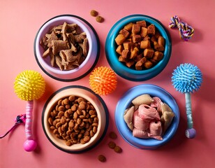 Fototapeta premium elaborate cat or dog food brand different pet bowls with dried meat treats and colorful toys on pink background