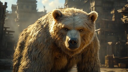 Grizzly bear standing menacingly in a dilapidated city.