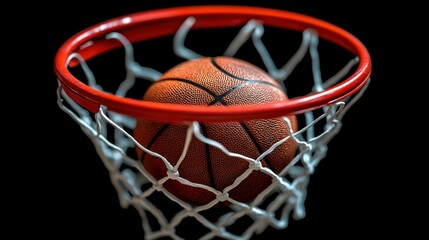 Basketball in hoop, perfectly placed