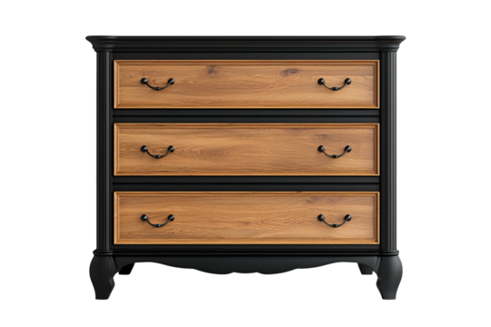 Wooden Dresser: A beautifully crafted wooden dresser with three drawers and dark black trim stands as a testament to classic design and timeless elegance. perfect in bedroom space.