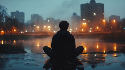 Fototapeta premium A contemplative young man sits by a misty lakeside at dusk, reflecting on life.