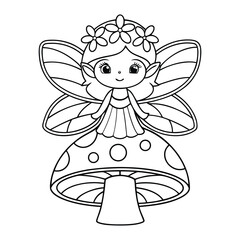 Cute Fairy Sitting on a Mushroom Outline Drawing for Coloring