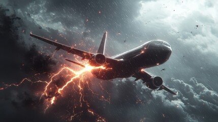 Obraz premium Airplane struck by lightning in dramatic stormy sky.