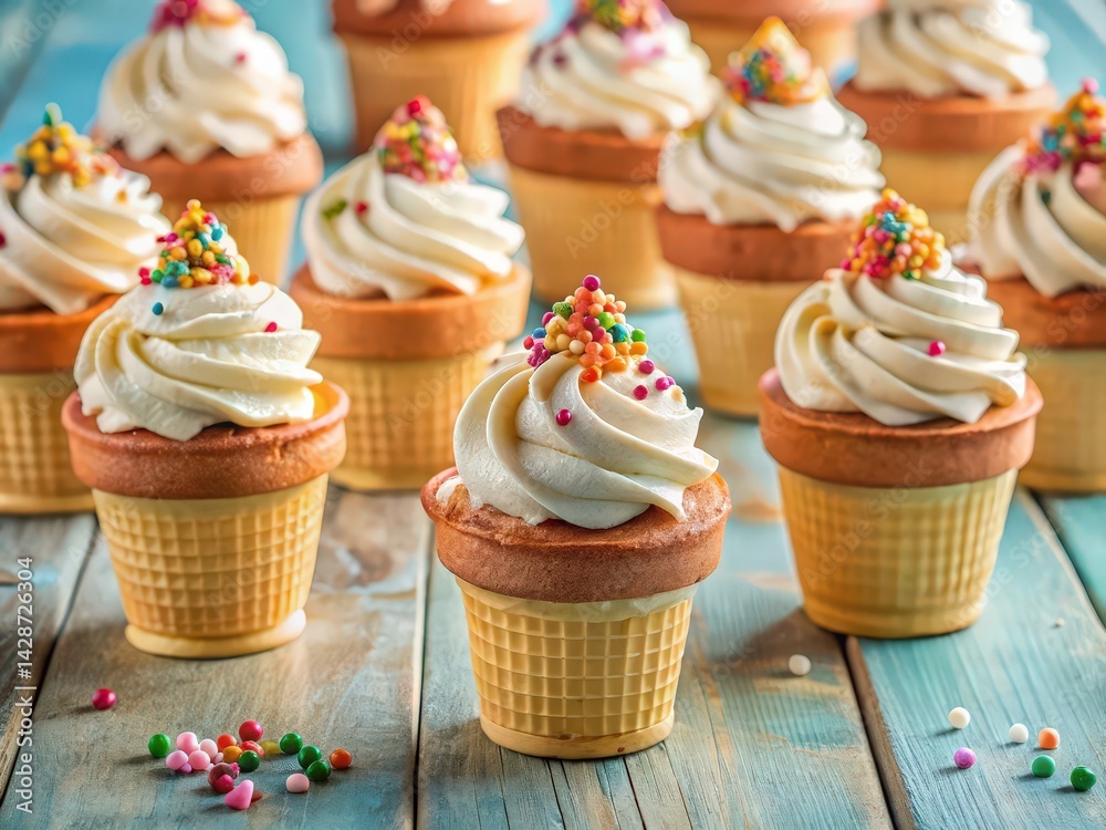 Poster collection of cupcakes with frosting and sprinkles on top, arranged in rows on blue wooden surface.