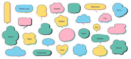 Simple text balloon. Doodle text frame and dialog box speech bubbles with arrows for comic message, colorful cute line chat dialog frames. Vector isolated set