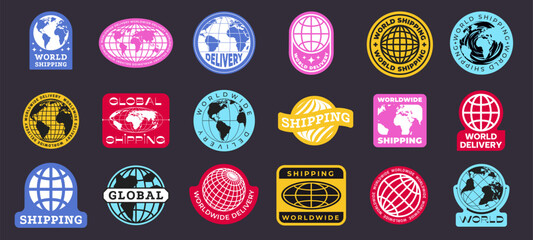 World globe badge. Shipping abstract stickers with global delivery, international shipping and worldwide service globe icons. Vector logistic label collection © Tartila