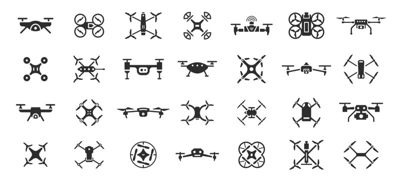 Drone black icon. Copter delivery, controlled camera photography, aviation video recording, drones air surveillance, remote control aircraft, quadcopter sign. Vector isolated set