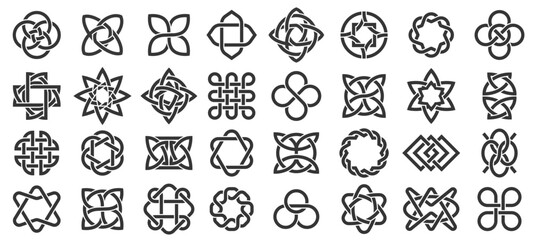 Celtic elements. Irish knot medieval ornamental decoration, Gaelic knotted ornament symbols, black endless intertwined knots for tattoo logo design. Vector Celtic ornate set