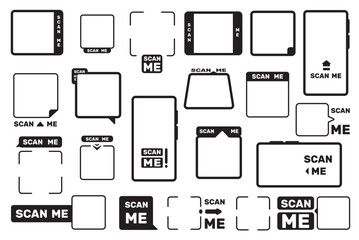 Scan me frame. QR scanning code frames mockup for smartphone barcode sticker, scanner code borders for mobile app design. Vector QR code framing isolated set