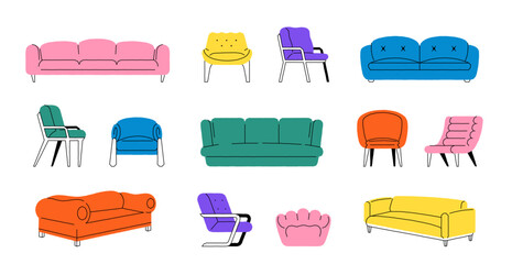 Couch and chair. Apartment interior furniture, cartoon comfortable chair cozy sofa and armchair for living room or office, flat relaxation seat. Vector chairs and couches set