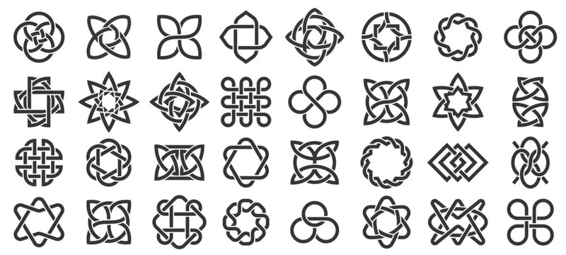 Celtic elements. Irish knot medieval ornamental decoration, Gaelic knotted ornament symbols, black endless intertwined knots for tattoo logo design. Vector Celtic ornate set