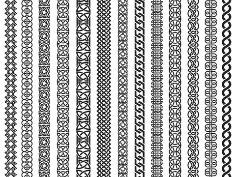 Celtic border pattern. Braided knot frame, seamless ornamental tribal decorative framing with knotted rope and chain elements, medieval Irish Welsh ornaments. Vector Celtic braid