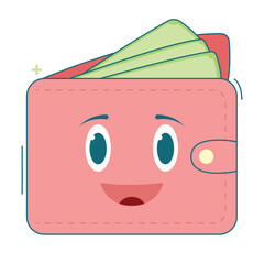 Kawaii Wallet Character Vector with Cute Face and Soft Colors, Perfect for Kids Illustrations, Sticker Design, Finance-Themed Graphics, and Adorable Digital Content.