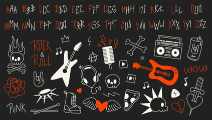 Rock font. Line punk typography with uppercase letters, street art graffiti typeface gothic rock music band text elements for tattoo logo poster cover design. Vector alphabet set