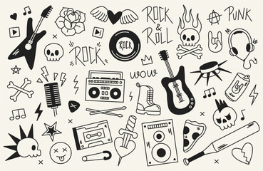 Rock n roll icon. Punk music doodle stickers with guitar phrase star heart, rock and roll band badges, hand drawn rock music signs for logo and tattoo design. Vector set