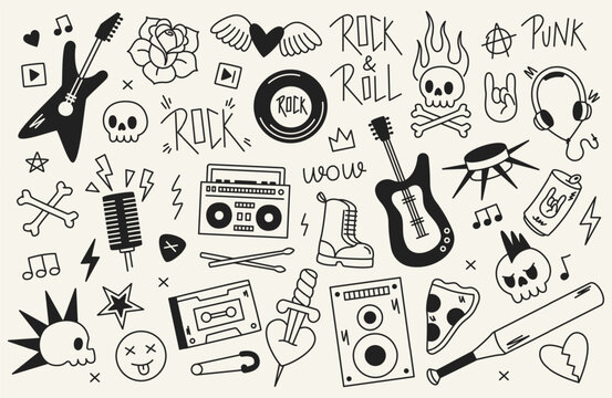 Rock n roll icon. Punk music doodle stickers with guitar phrase star heart, rock and roll band badges, hand drawn rock music signs for logo and tattoo design. Vector set