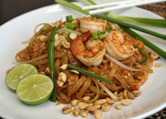 plate of shrimp stir fry noodles with peanuts, lime wedges, chili peppers, and besprouts.