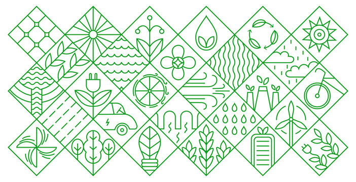 Energy geometry icons. Green environment geometric pattern with minimal line leaf water eco energetic symbols, simple nature energy power icons bauhaus style. Vector background