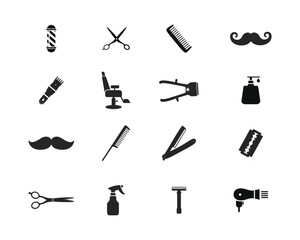 Set of barbershop utensils icon. Hair salon icons, Hairstylist vector icons set. Contain symbol of clipper, barber pole, comb, razor blade, chair, sprayer, shampoo, hair dryer, brush, and more.