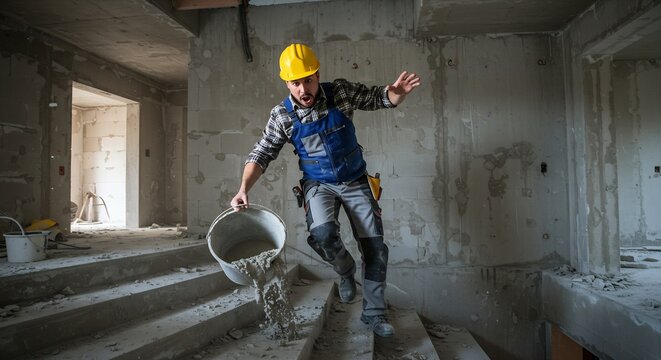 Construction Worker Accidentally Spills Cement While Climbing Stairs on a Construction Site