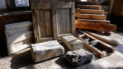 Naklejka premium Rustic antique wood and stone pieces in sunlit workshop for restoration projects