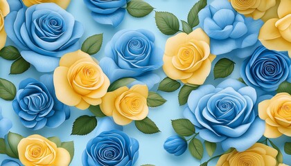 floral seamless design featuring blue and yellow roses with green foliage on a light blue backdrop