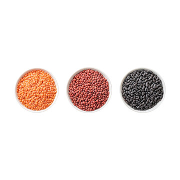 Piles of red lentils brown rice and berlotti beans healthy mix