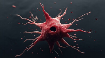 Close-up view of a red biological neuron structure with multiple branching extensions against a dark background.