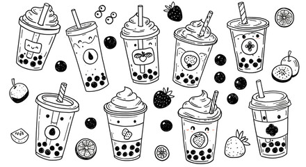A black and white doodle pattern featuring various boba tea cups and fruit illustrations scattered around