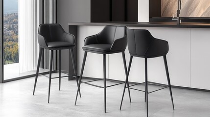 Three modern black leather bar stools in a contemporary kitchen setting.