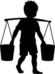 Child labour silhouette transparent PNG. Male child worker carrying heavy load. Child rights campaigns. Stop child labor concept. 