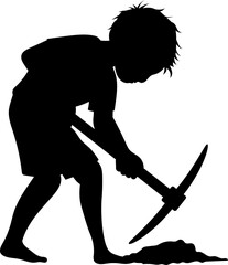 Child labour silhouette transparent PNG. Male child worker working hard, using a pickaxe. Child rights campaigns. Stop child labor concept. 