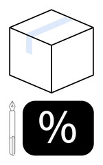 Closed box with tape, bold percentage sign, and fountain pen. Ideal for shipping, discounts, e-commerce, packaging, logistics sales promotions agreements. Flat simple metaphor