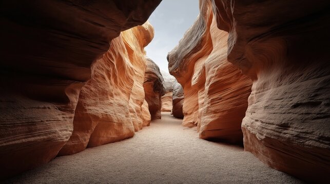 A narrow path winds through a dramatic sandstone canyon with smooth, layered red and orange rock formations. - Powered by Adobe