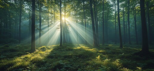 Obraz premium Sunlight pierces through the serene forest canopy, illuminating the verdant undergrowth