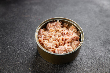 Tuna canned fish seafood appetizer dish organic product fresh tasty gourmet food background on the table rustic food top view copy space keto and paleo pescetarian diet