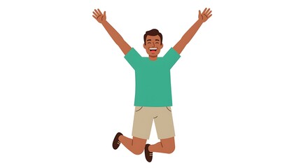 Man Jumping with Joy and Arms Raised in Celebration on Isolated White