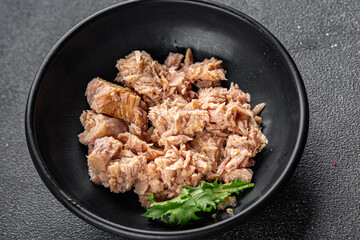 Tuna canned fish seafood appetizer dish organic product fresh tasty gourmet food background on the table rustic food top view copy space keto and paleo pescetarian diet
