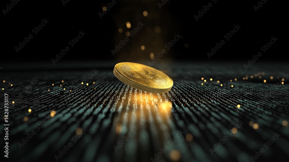Poster A glowing golden coin emerging from digital binary code