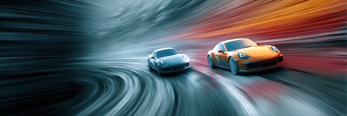 Two Sports Cars Racing Neck-To-Neck on a Curve With Motion Blur Effect Showcasing Speed and Excitement