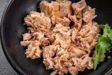 Tuna canned fish seafood appetizer dish organic product fresh tasty gourmet food background on the table rustic food top view copy space keto and paleo pescetarian diet