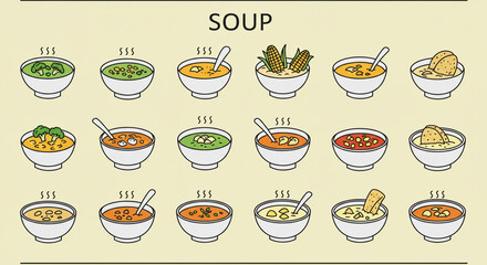 Illustration of various soups in white bowls with steam and different ingredients on a beige background