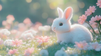 Adorable white rabbit amidst pink flowers