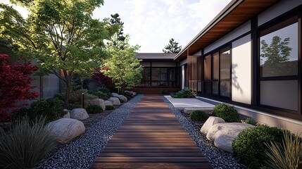 Obraz premium Tranquil japanese garden with shoji screens serene pathway outdoor environment natural beauty peaceful setting