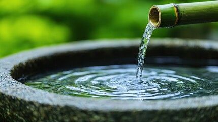 Tranquil japanese garden water feature with bamboo fountain serene nature scene close-up view peaceful atmosphere
